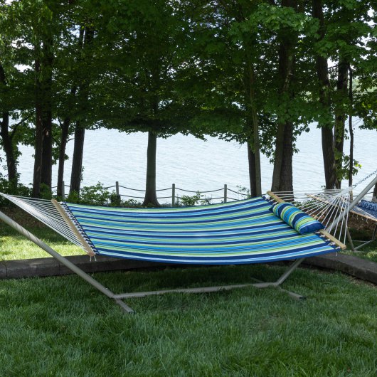 Blue and Green Stripe Print Quilted Hammock Combo with Small Stand