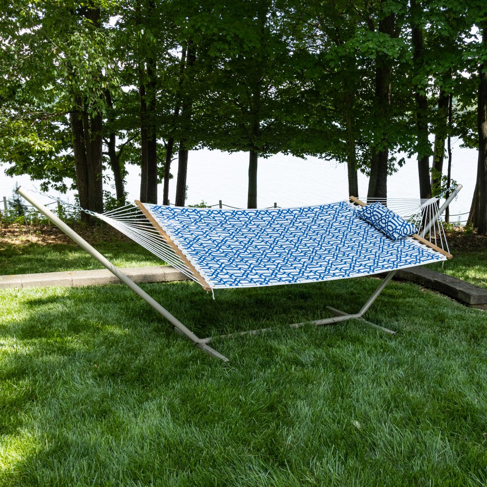 Large 45'' Quilted Fabric Hammock with Patented KD Space Saving Hammock Stand and Pillow Combo - Navy