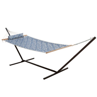 Large 45'' Quilted Fabric Hammock with Patented KD Space Saving Hammock Stand and Pillow Combo - Navy