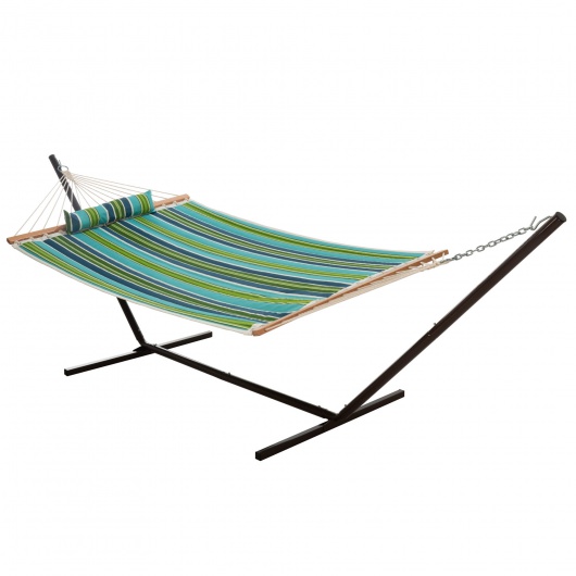 Single 36'' Quilted Fabric Hammock with Patented KD Space Saving Hammock Stand and Pillow Combo - Blue and Green Stripe