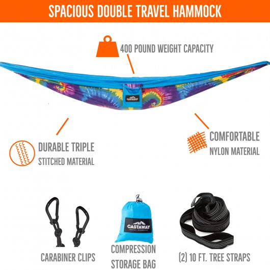 Double Travel Hammock Combo with Space Saving Stand & Storage Bag - Tie Dye
