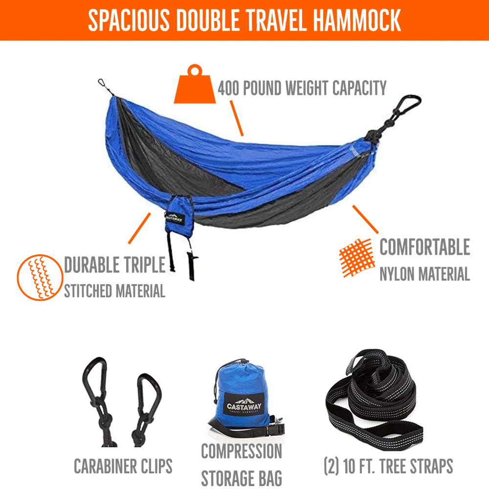 Double Travel Hammock Combo with Space Saving Stand & Storage Bag - Blue/Charcoal