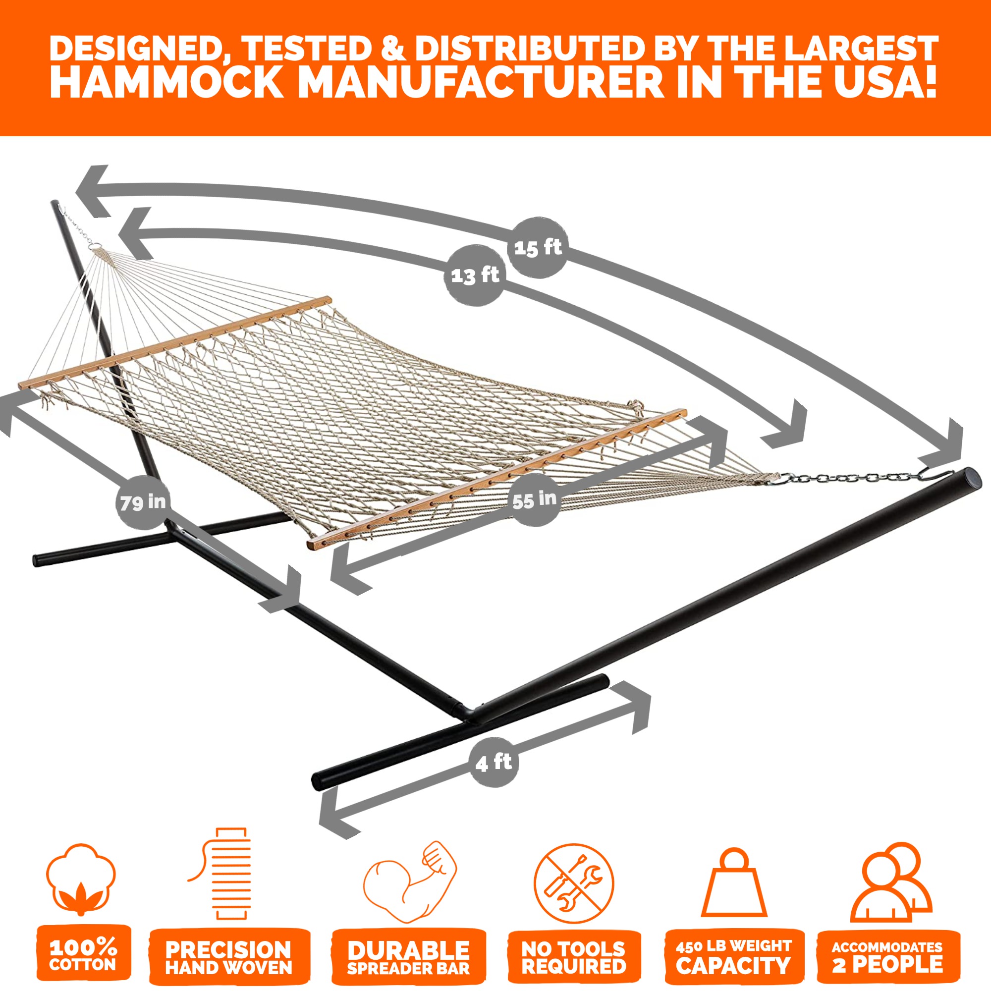 Cotton Rope Hammock Double + 15 feet Stand