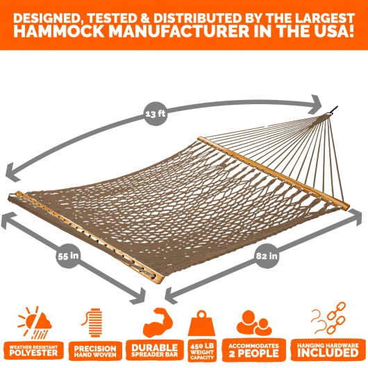 13 ft. Double Antique Brown Polyester Rope Hammock with Hanging Hardware & Storage Bag Included
